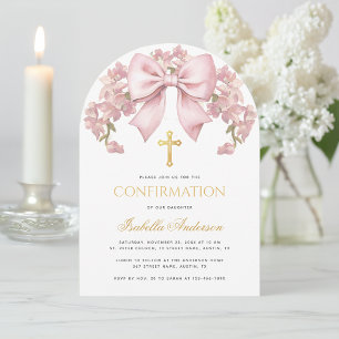 Invitation Fille confirmation rose bow floral & croix élégant