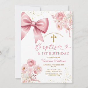 Invitation Fille Coquette à l'Arc Rose Baptême et Fleurs de N