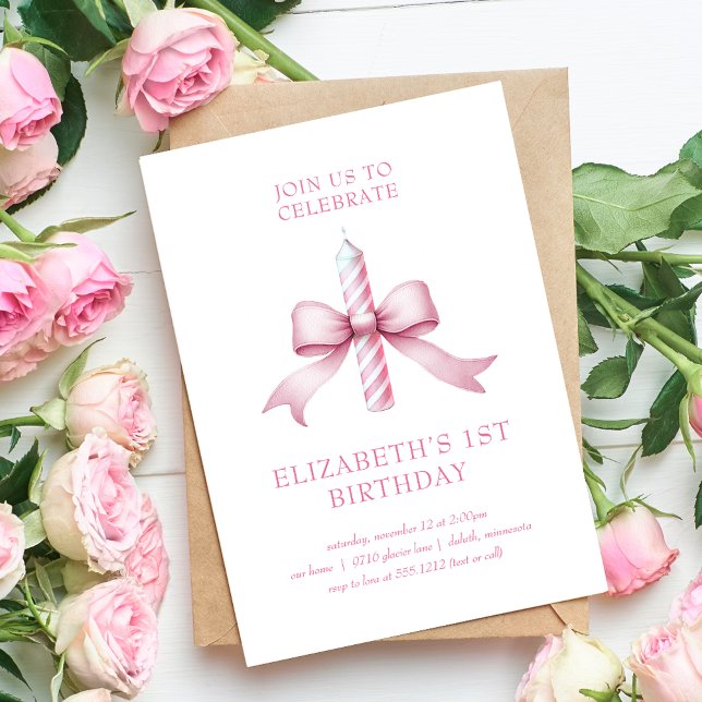 Invitation Fille Coquette rose bougie 1er anniversaire (Girly Pink Coquette Bow Candle 1st Birthday Invitation)