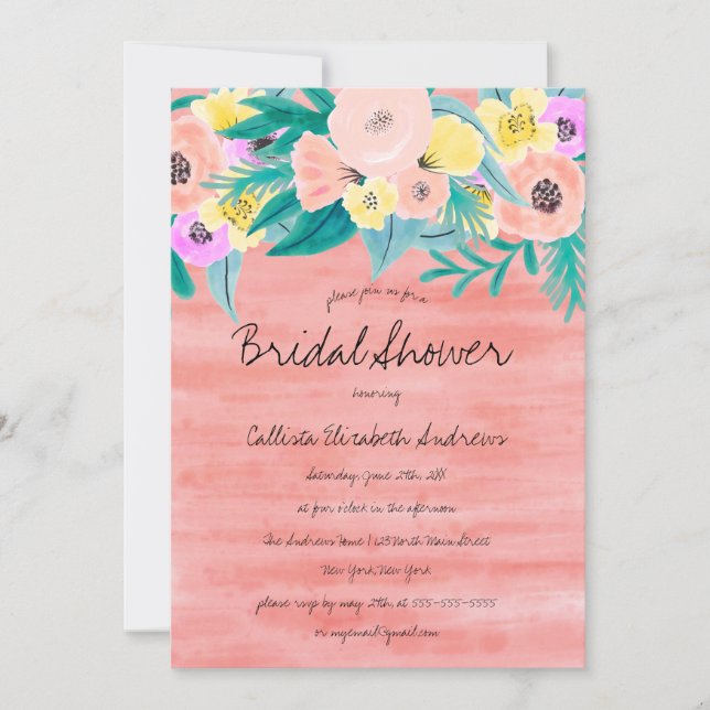 Invitation Fille Corail Jaune Fête des mariées d'aquarelle fl (Devant)