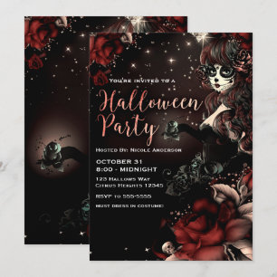 Invitation Fille crâne Jour des Morts Rouge Fête d'Halloween