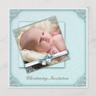 Invitation Fille damask bleu sarcelle photo baptême