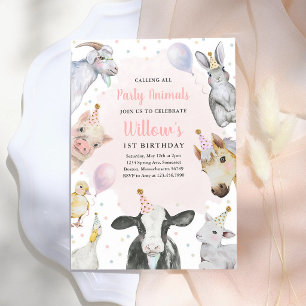 Invitation Fille d'anniversaire de la grange rose Animaux de