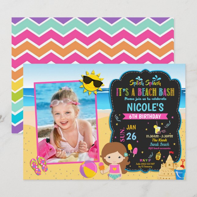 Invitation Fille d'anniversaire de la piscine de plage avec p (Devant / Derrière)