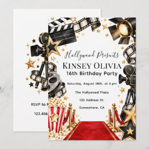 Invitation Fille d'anniversaire de soirée cinéma Hollywood