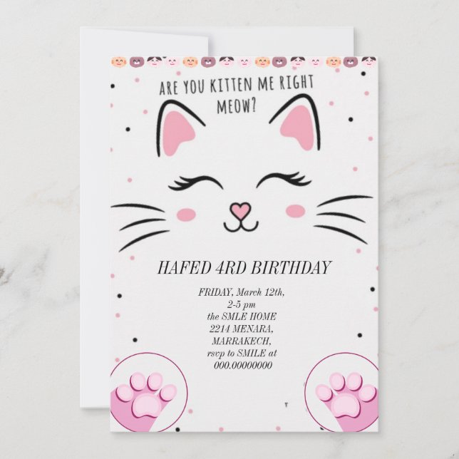 Invitation fille d'anniversaire fille chats chaton mignon inv (Devant)