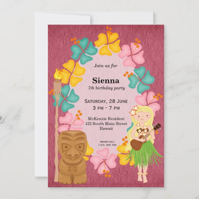 Invitation Fille d'anniversaire Hawaii (Devant)