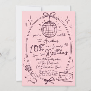 Invitation Fille d'anniversaire Karaoké Rose Soirée Disco Rét