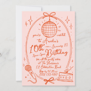 Invitation Fille d'anniversaire Karaoké Rose Soirée Disco Rét