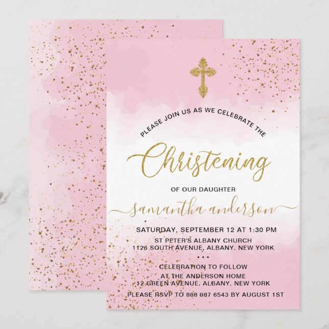 Invitation Fille D'Aquarelle Rose Et Or (Devant / Derrière)