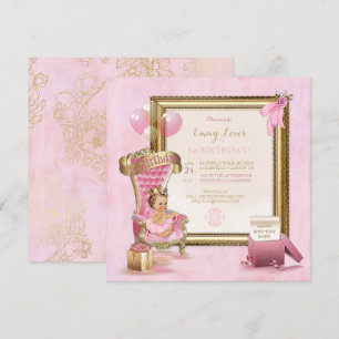 Invitation Fille de 1 an sur un trône de princesse or rose