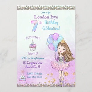 Invitation Fille de 7 ans Cupcake Ballons Princesse