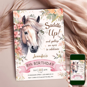 Invitation Fille de 8 ans anniversaire cheval floral sauvage 