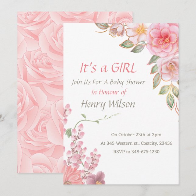 Invitation Fille de Baby shower à fleurs rose pâle (Devant / Derrière)
