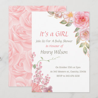Invitation Fille de Baby shower à fleurs rose pâle