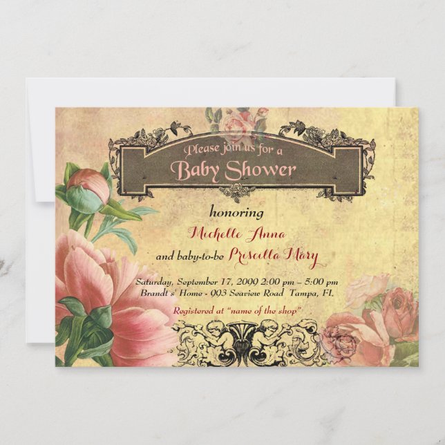 Invitation Fille de baby shower, cru, art déco, vieux papier, (Devant)