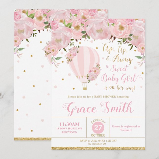 Invitation Fille de Baby shower Floral à ballon à air chaud (Devant / Derrière)