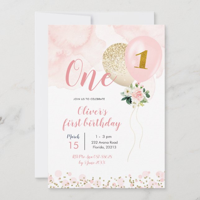 Invitation Fille de ballons rose et or premier anniversaire I (Devant)