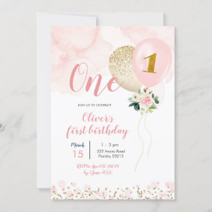 Invitation Fille de ballons rose et or premier anniversaire I