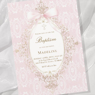 Invitation fille de baptême arc rose