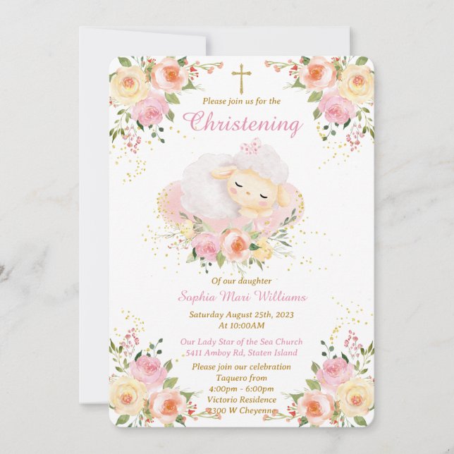 Invitation Fille de baptême d'agneau personnalisée (Devant)