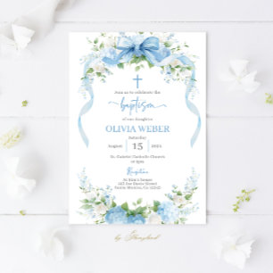 Invitation Fille de baptême floral bleu baptême