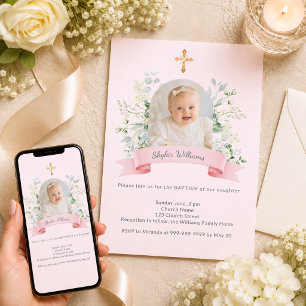 Invitation Fille de baptême Rose Photo Arche Fleurs Blanches