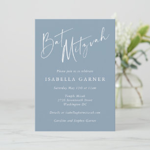 Invitation Fille de Bat Mitzvah Moderne Écriture Blanche Bleu