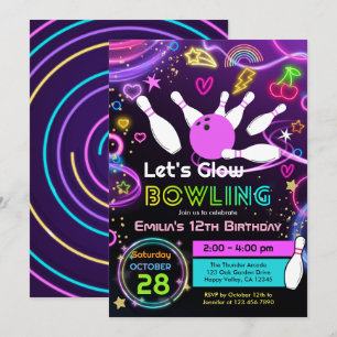Invitation Fille de Bowling Glow Anniversaire Néon Rose