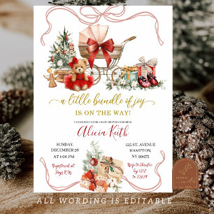 Invitation Fille de calèche coquette Noël rouge pour Baby Sho