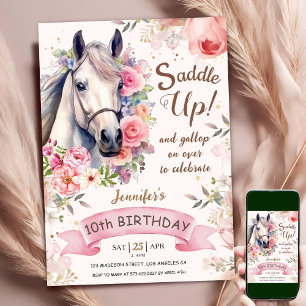 Invitation Fille de cheval 10e anniversaire Fleurs roses Sell