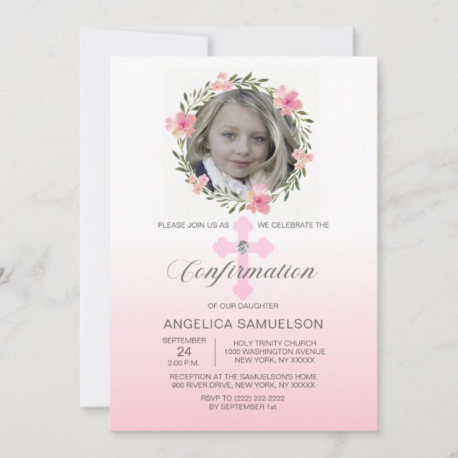 Invitation FILLE de confirmation de la couronne de fleurs ros (Devant)