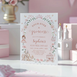Invitation Fille de conte de fées princesse rose rose 4ème an