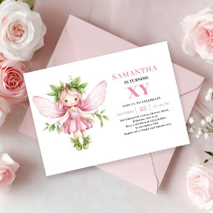 Invitation Fille de Fée Rose Fantaisiste 1er Anniversaire Flo