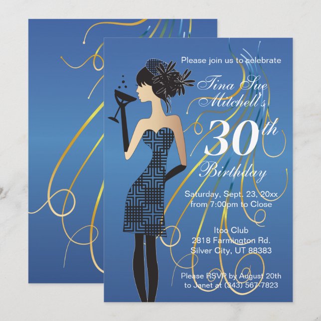 Invitation Fille de fête d'anniversaire en bleu (Devant / Derrière)
