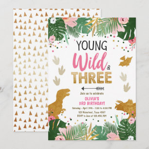 Invitation Fille de fête des trois dinos Wild Dino Dinosaur r