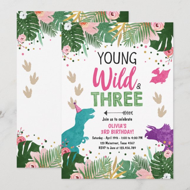 Invitation Fille de fête des trois dinos Wild Dino Dinosaur r (Devant / Derrière)