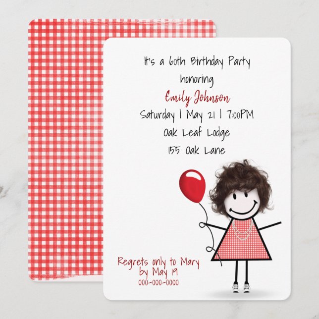 Invitation Fille de fête du 60e anniversaire avec ballon roug (Devant / Derrière)