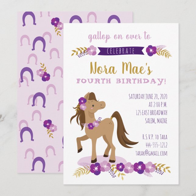 Invitation Fille de fête Poney (Devant / Derrière)