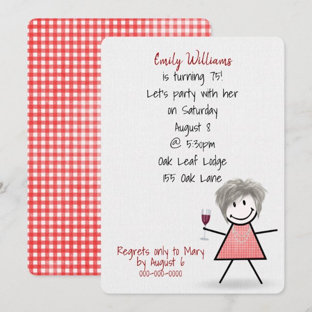 Invitation Fille de fête pour 75e anniversaire avec du vin  (Devant / Derrière)