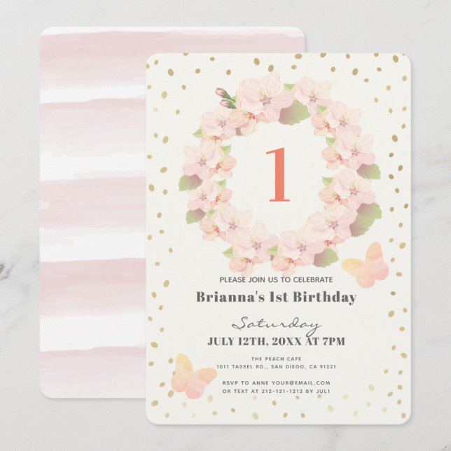 Invitation Fille de fleurs de cerise rose et or 1er anniversa (Devant / Derrière)