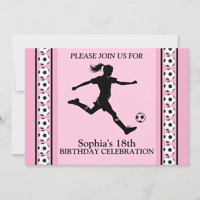 Invitation Fille de football fête d'anniversaire, joueur de f (Devant)