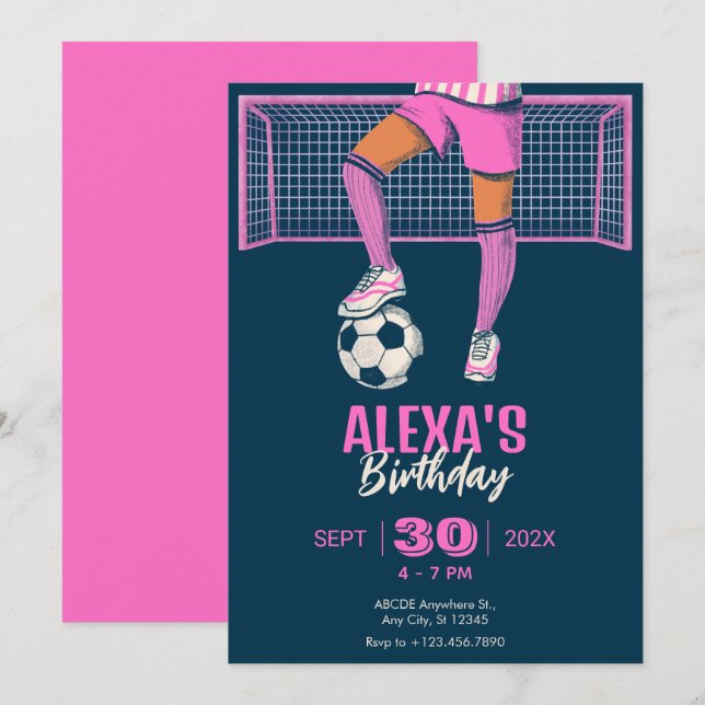 Invitation Fille de football / Fête de soccer (Devant / Derrière)