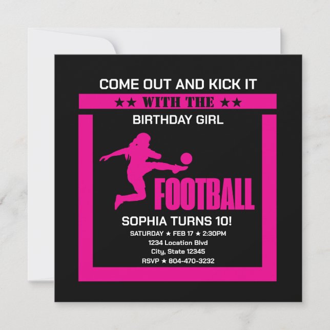 Invitation Fille de footballeur rose, fille d'anniversaire d' (Devant)