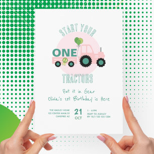 Invitation Fille de la ferme au tracteur rose 1er anniversair