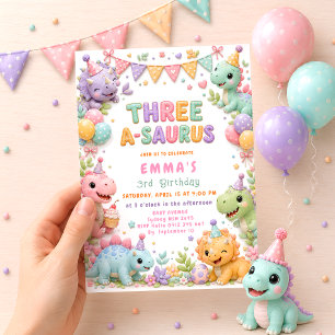 Invitation Fille de la fête d'anniversaire de 3 ans de dinosa