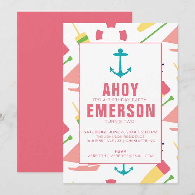 Invitation Fille de la fête d'anniversaire de Preppy Nautical (Devant / Derrière)