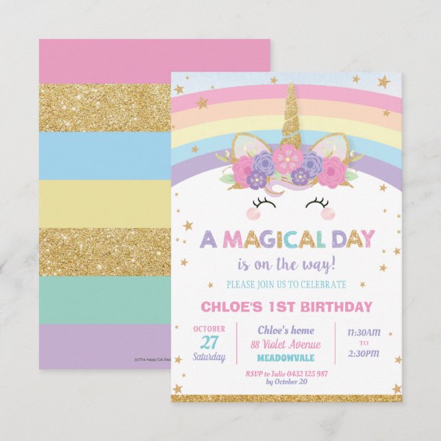 Invitation Fille de la fête d'anniversaire de Rainbow Unicorn (Devant / Derrière)