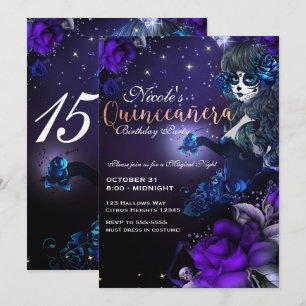 Invitation Fille de la Fête des Morts Violet Bleu Quinceañera