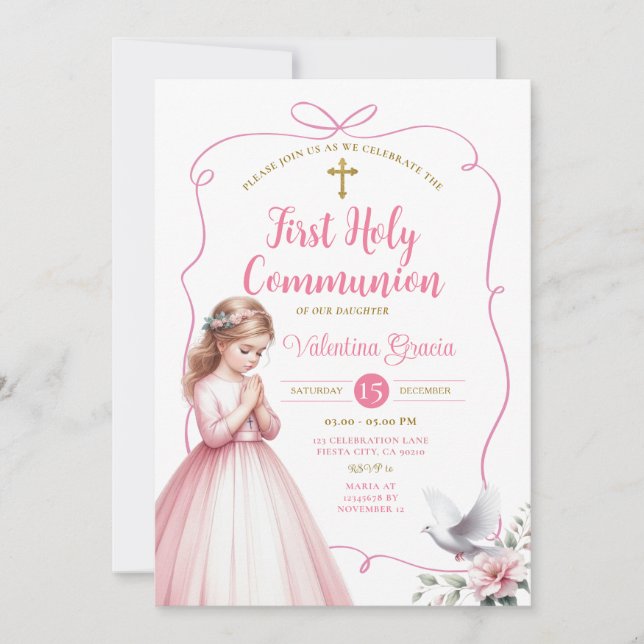 Invitation Fille de la première communion florale rose priant (Devant)